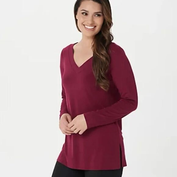 Susan Graver Modern Essentials V Neck Long Sleeve Top - Picture 1 of 9